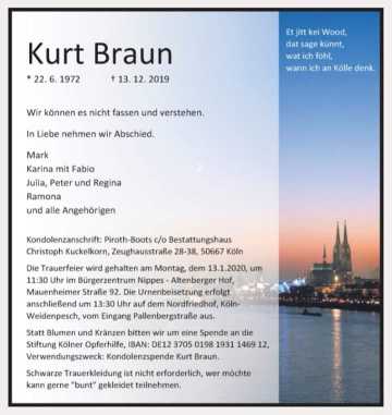 Kurt Braun, Traueranzeige