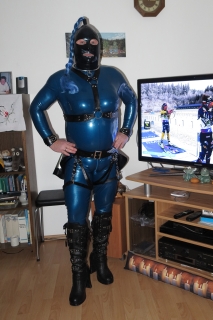 the blue Bright and Shiny Catsuit  with Savage Wear Skirt