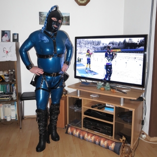 the blue Bright and Shiny Catsuit  with Savage Wear Skirt